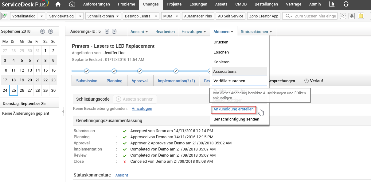 Screenshot ServiceDesk Plus: Change Management - Ankündigung erstellen