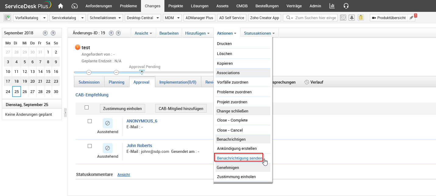 Screenshot ServiceDesk Plus: Change Management - Benachrichtigung senden