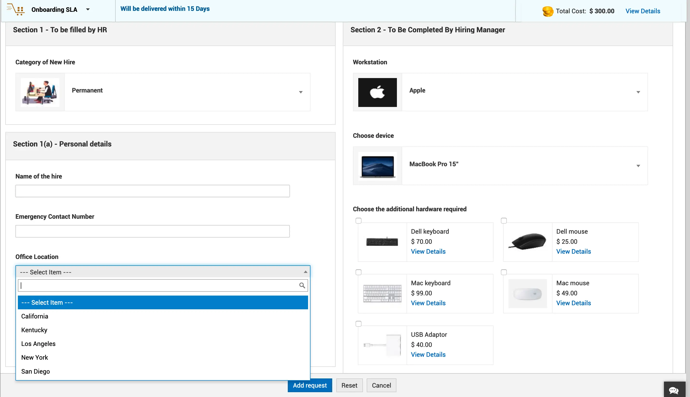 Screenshot ServiceDesk Plus: Service Request Beispielformular