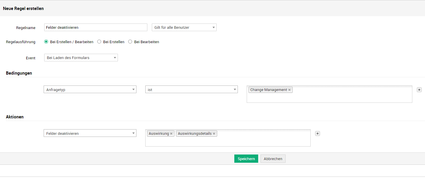 Screenshot ServiceDesk Plus Feld- und Formularregeln: Change-Management-Felder deaktivieren