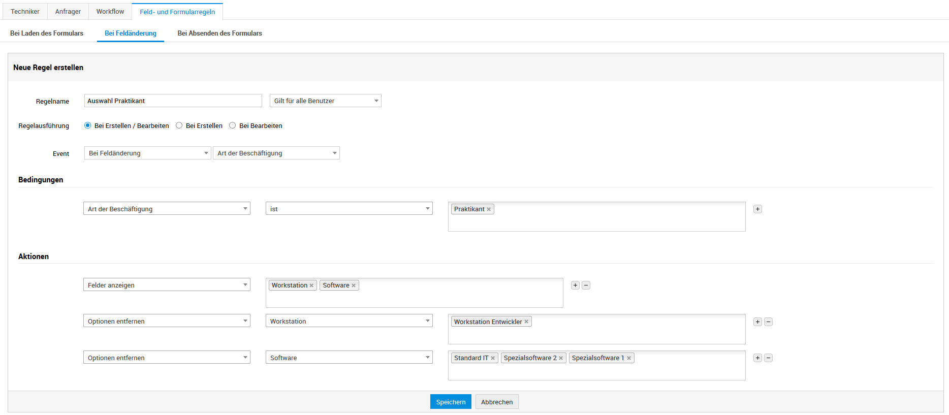 Screenshot ServiceDesk Plus Feld- und Formularregeln: Auswahlmöglichkeiten bei Eingabe anpassen