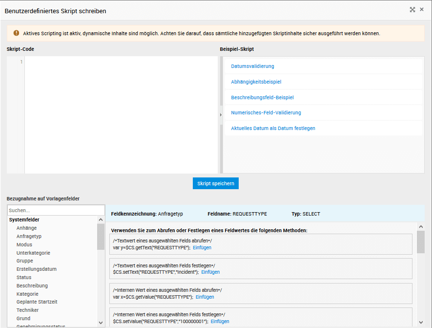 Screenshot ServiceDesk Plus Feld- und Formularregeln: eigene Skripte erstellen