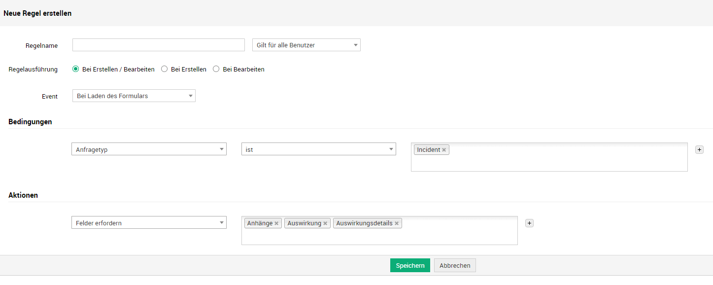 Screenshot ServiceDesk Plus Feld- und Formularregeln: Felder in Pflichtfelder umwandeln