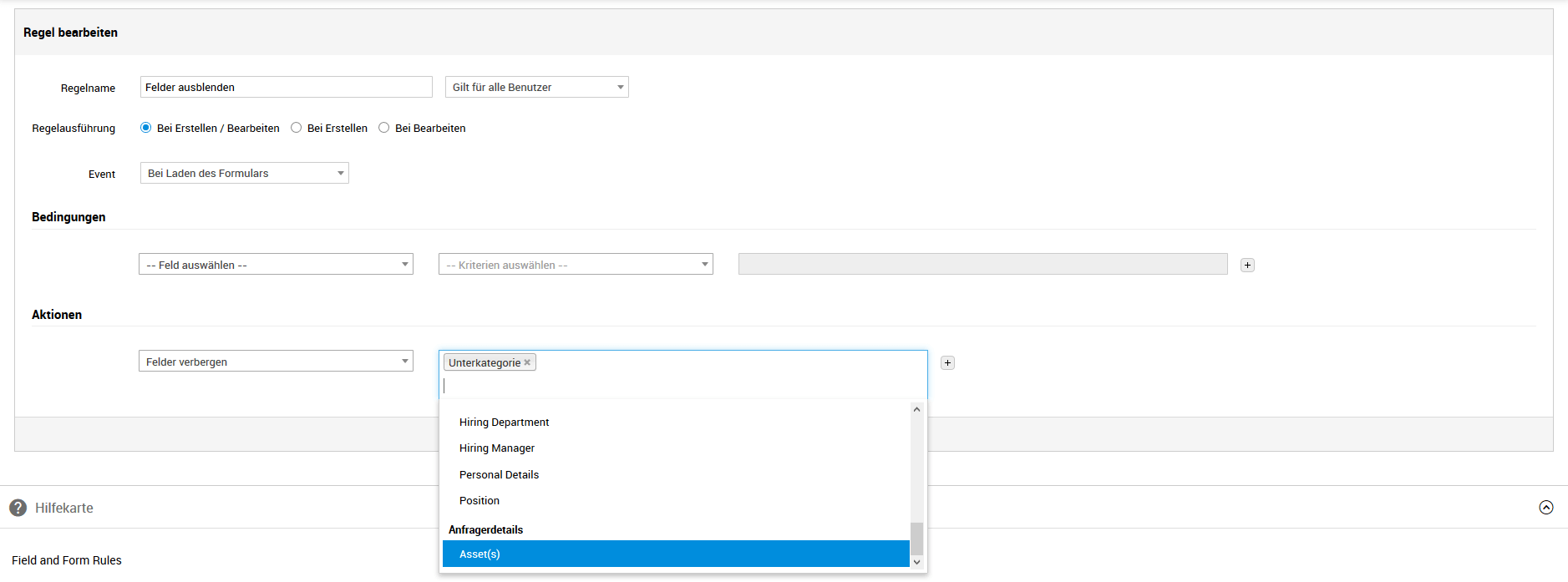 Screenshot ServiceDesk Plus Feld- und Formularregeln: Mitarbeitereintritt-Felder verbergen
