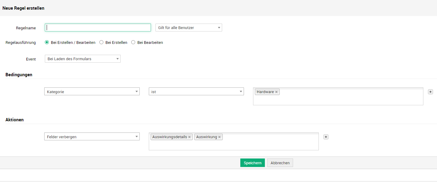 Screenshot ServiceDesk Plus Feld- und Formularregeln: Felder dynamisch verbergen