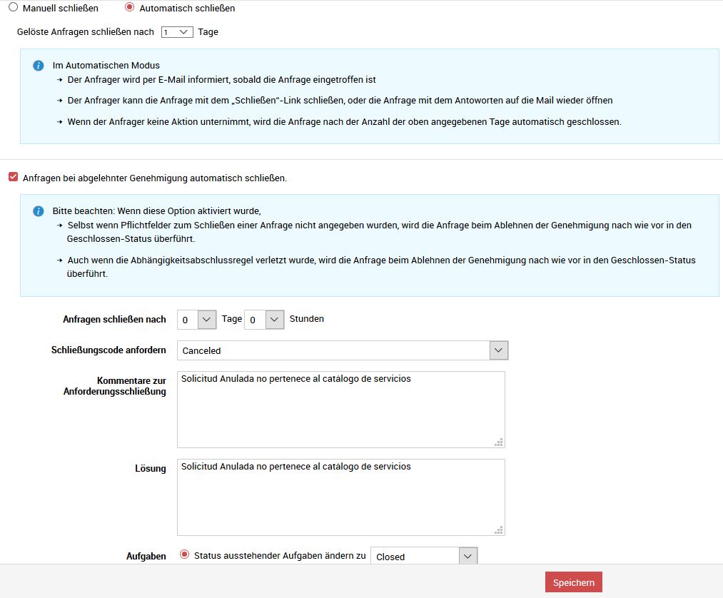 Screenshot ServiceDesk Plus: Anforderungsabschlussregeln