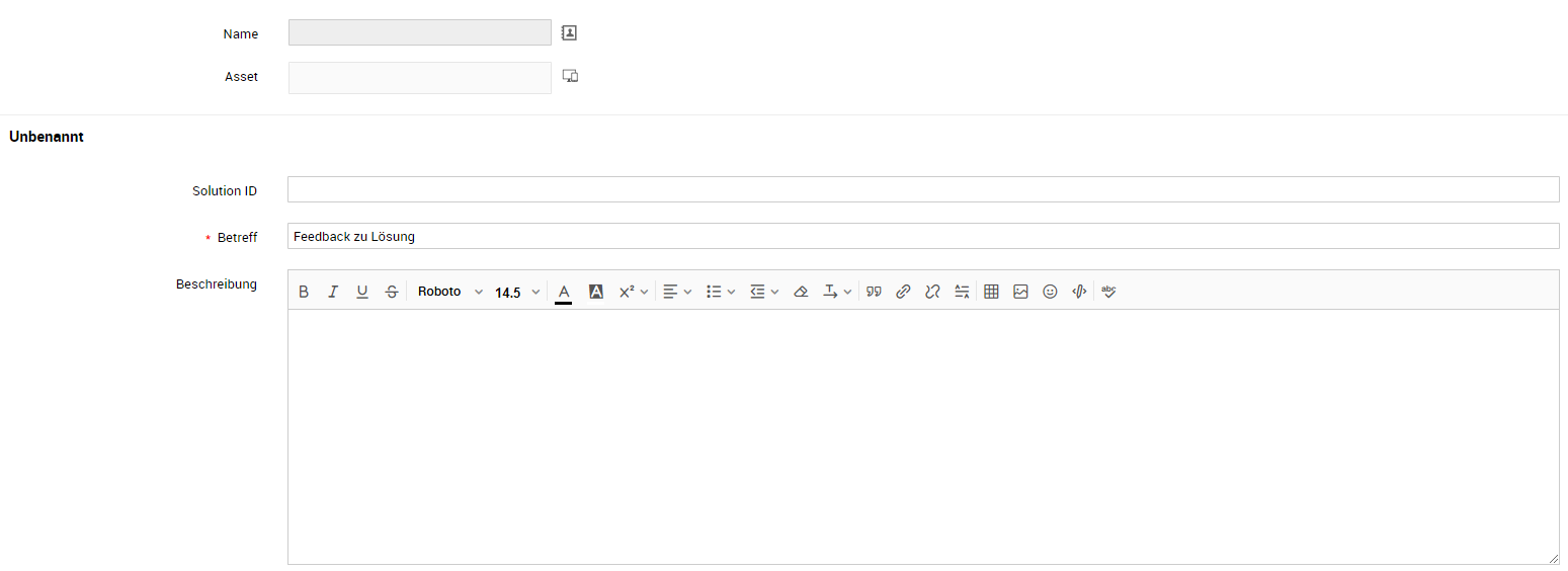 Screenshot ServiceDesk Plus: Anfrageransicht der Ticket-Vorlage für das Lösungs-Feedback