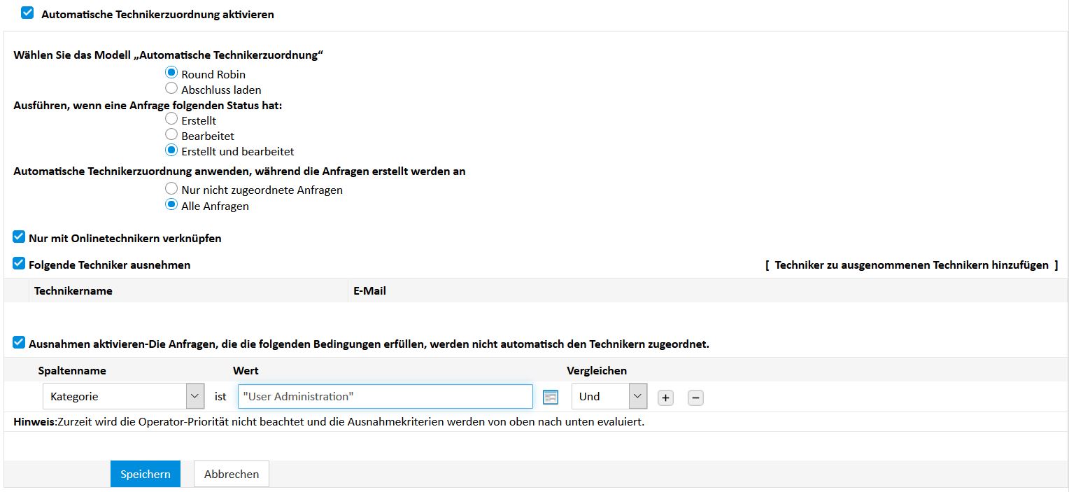 Screenshot ServiceDesk Plus: Automatische Technikerzuordnung