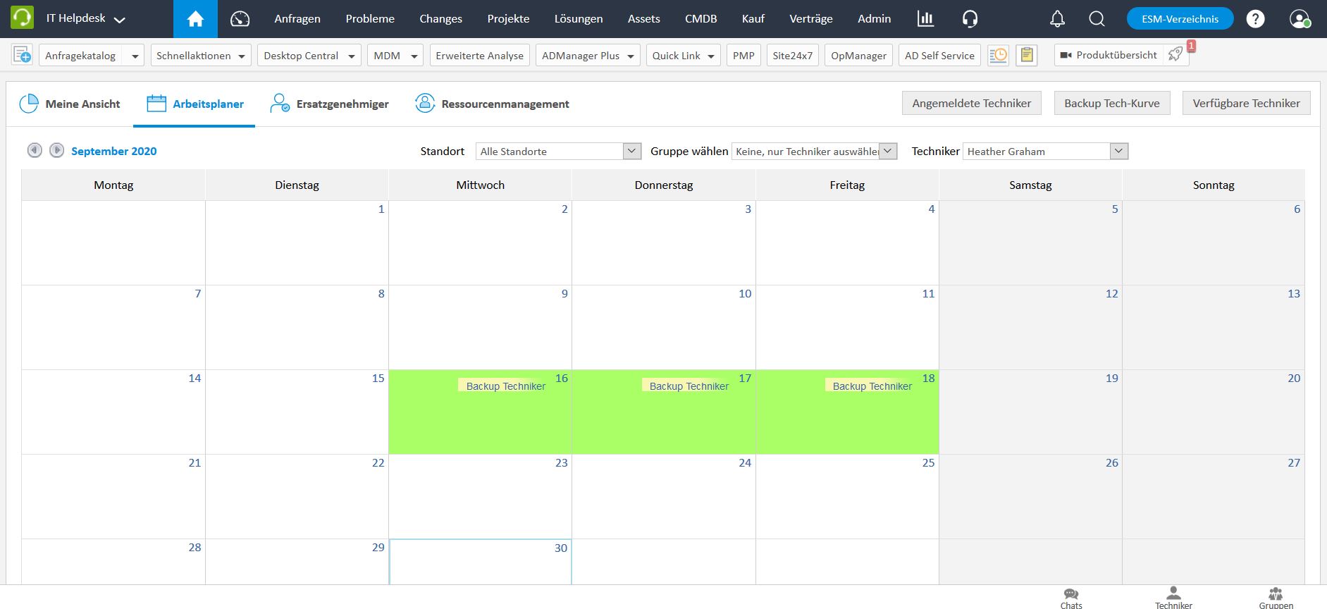 Screenshot ServiceDesk Plus: Backup-Techniker im Arbeitsplaner festlegen