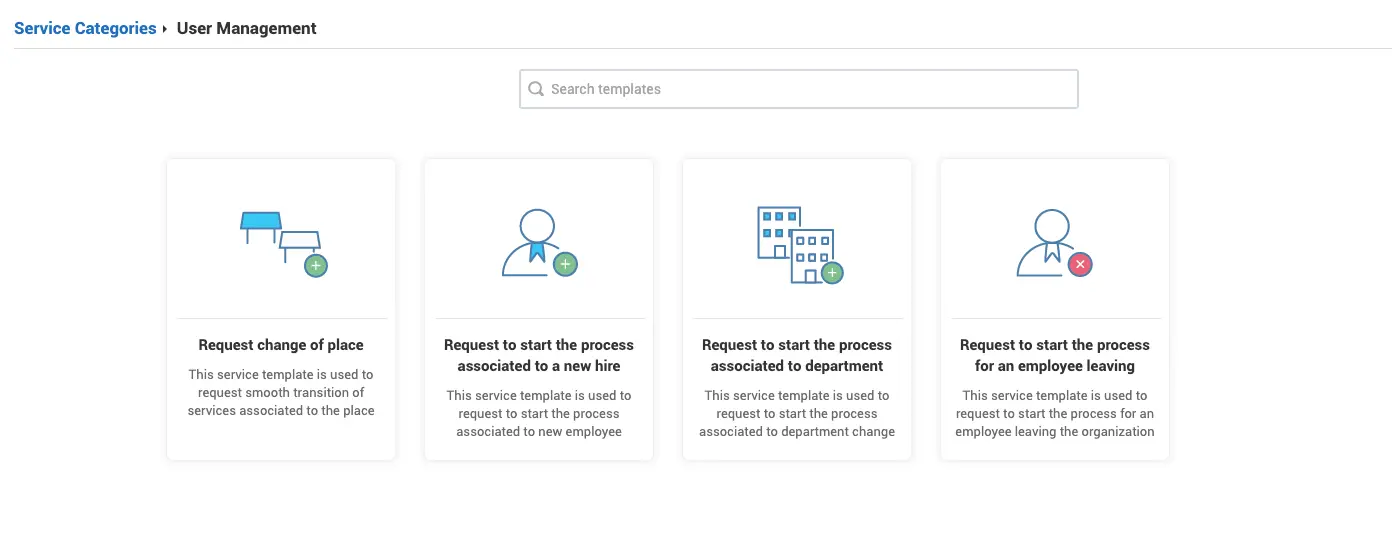 Screenshot ServiceDesk Plus: Beispiel-Services User-Management im Self-Service-Portal