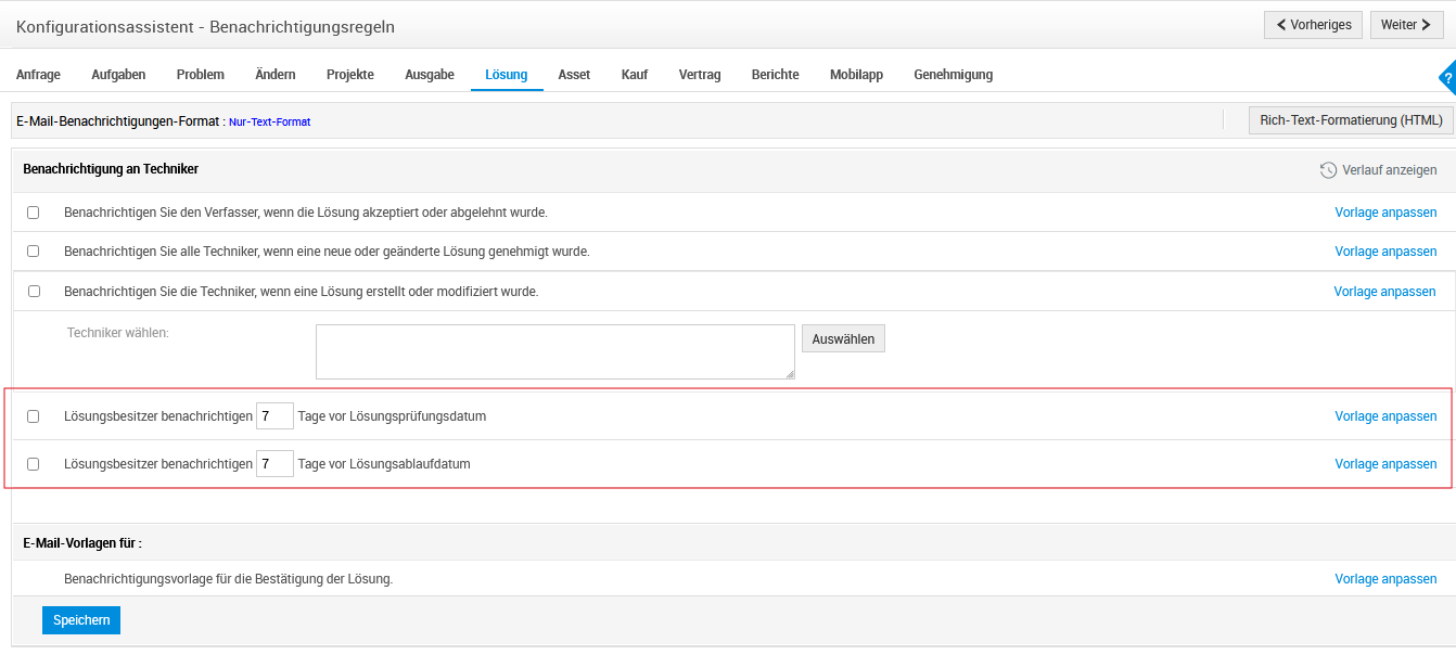 Screenshot ServiceDesk Plus: Benachrichtigungseinstellungen für Lösungen