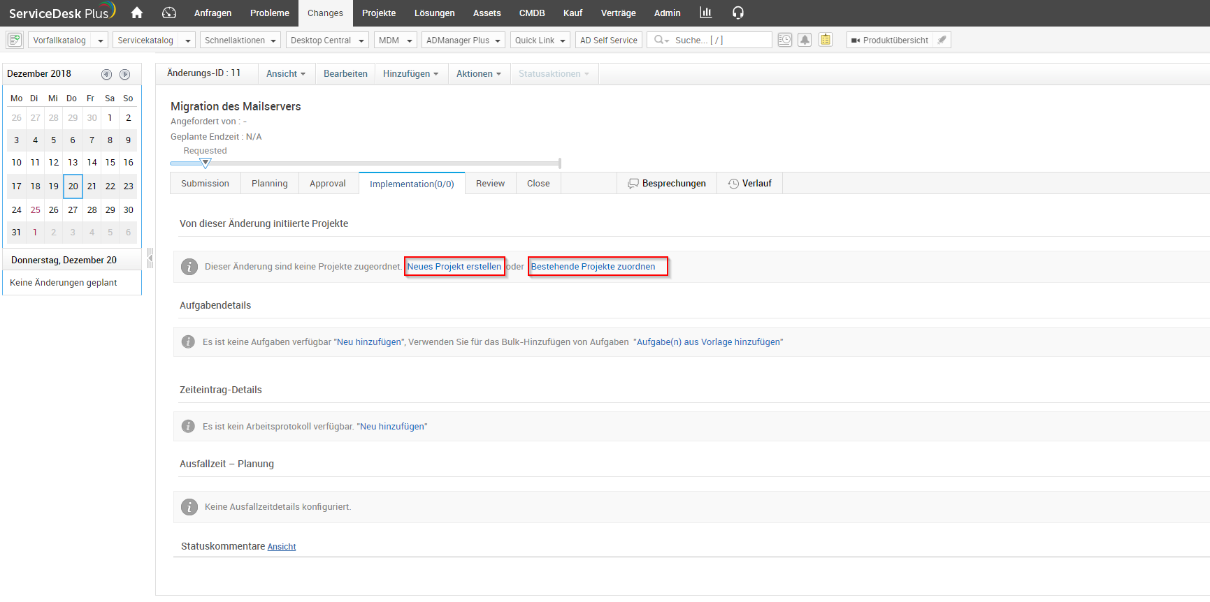 Screenshot ServiceDesk Plus: Verknüpfung Change und existierendes Projekt
