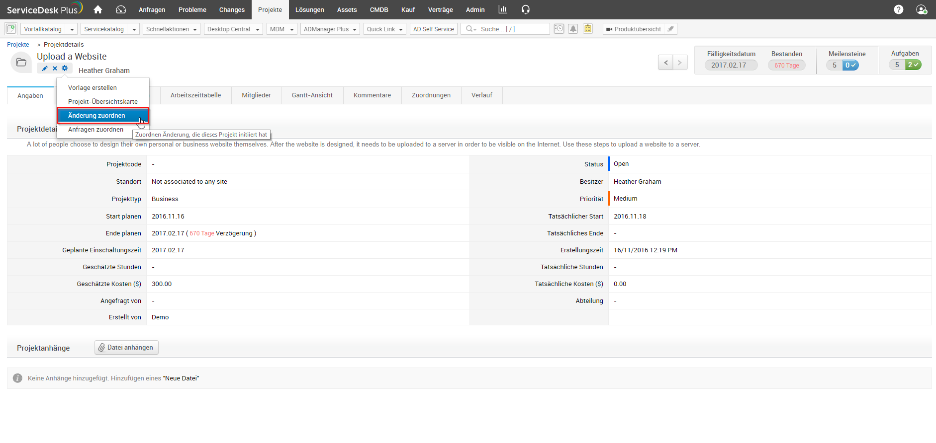 Screenshot ServiceDesk Plus: Verknüpfung Projekt mit einem existierenden Change