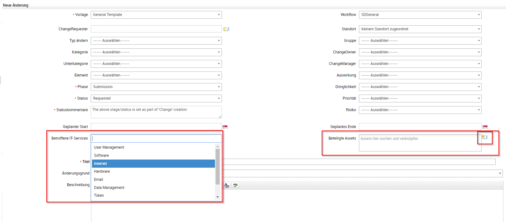 Screenshot ServiceDesk Plus: Verknüpfung von IT-Services und Assets