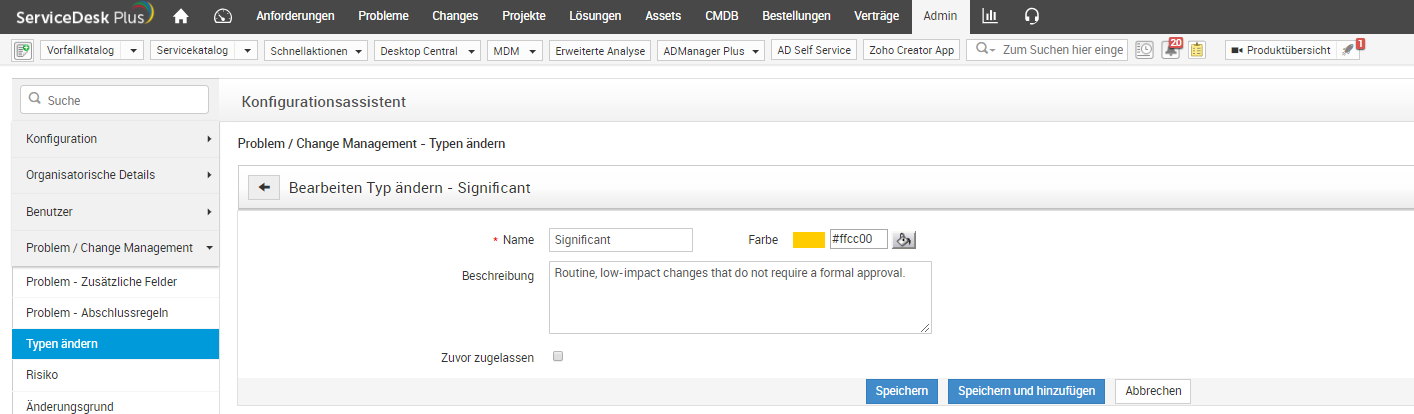 Screenshot ServiceDesk Plus: Vorlage Standard Change anpassen