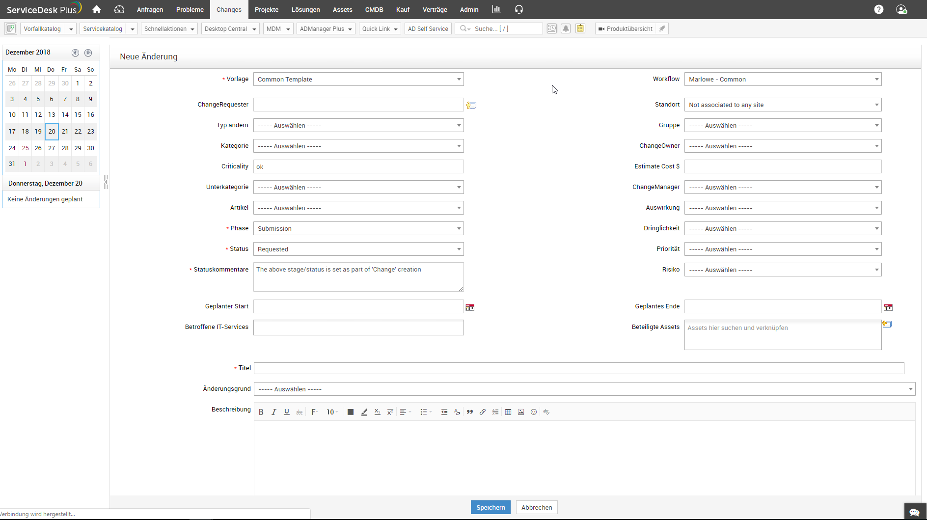 Screenshot ServiceDesk Plus: Vorlage Standard Change