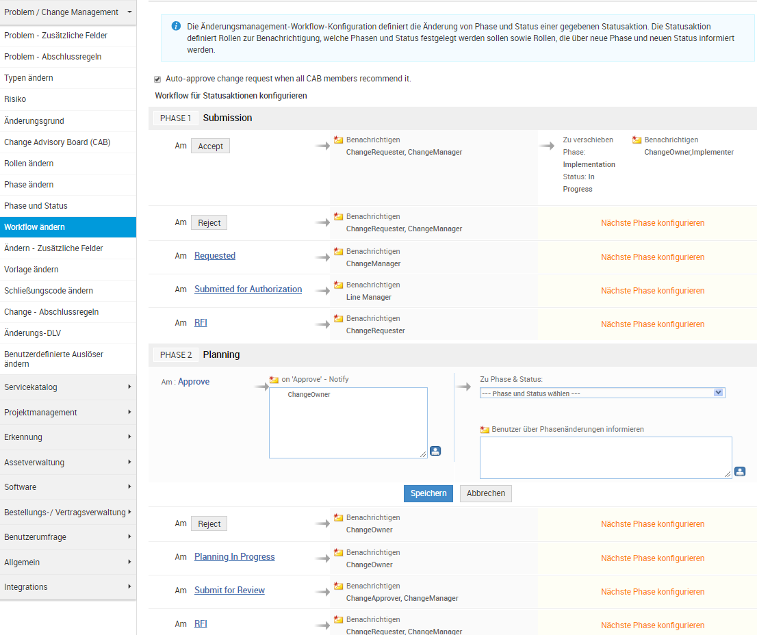 Screenshot ServiceDesk Plus: Change-Management - Workflow ändern