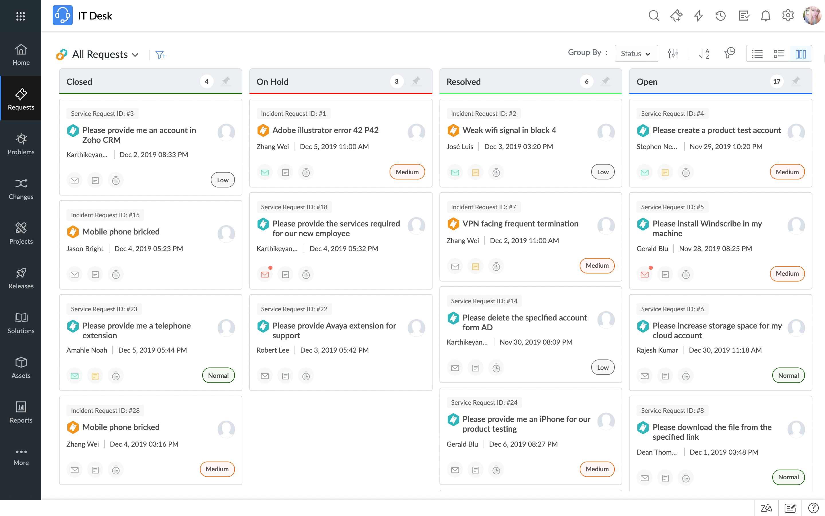 Screenshot ServiceDesk Plus Cloud: Kanban-Ansicht