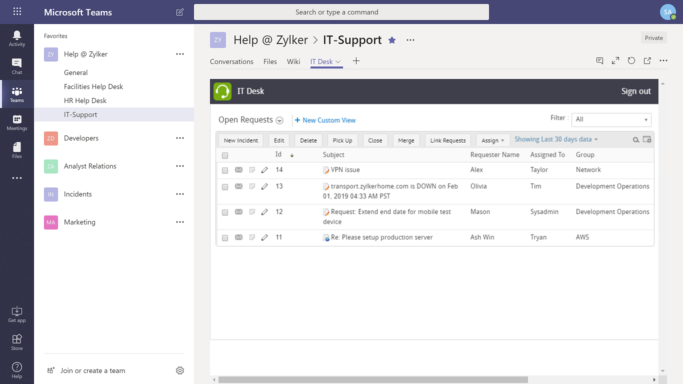 Screenshot ServiceDesk Plus: Microsoft Teams Integration