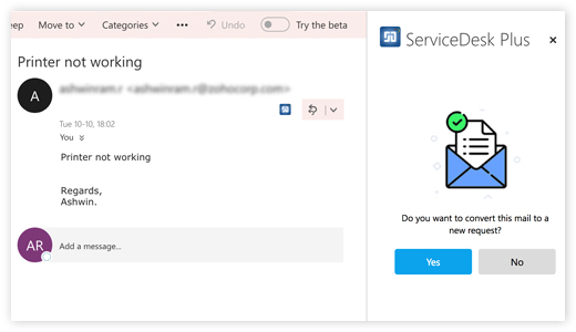 Screenshot ServiceDesk Plus Cloud Outlook Add-in: Ticket-Erstellung aus Outlook