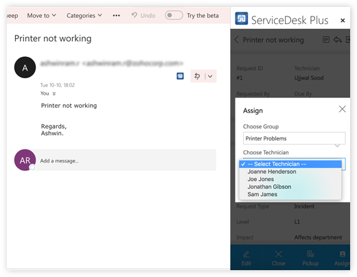 Screenshot ServiceDesk Plus Cloud Outlook Add-in: Ticket-Management-Optionen