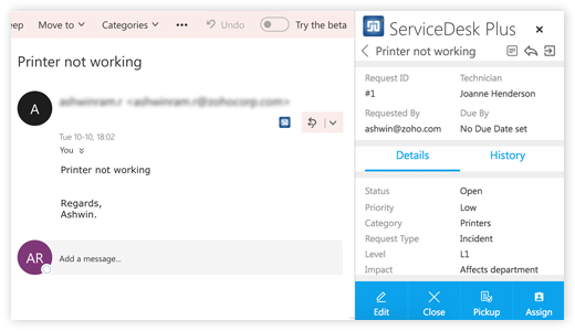 Screenshot ServiceDesk Plus Cloud Outlook Add-in: Ticket-Status