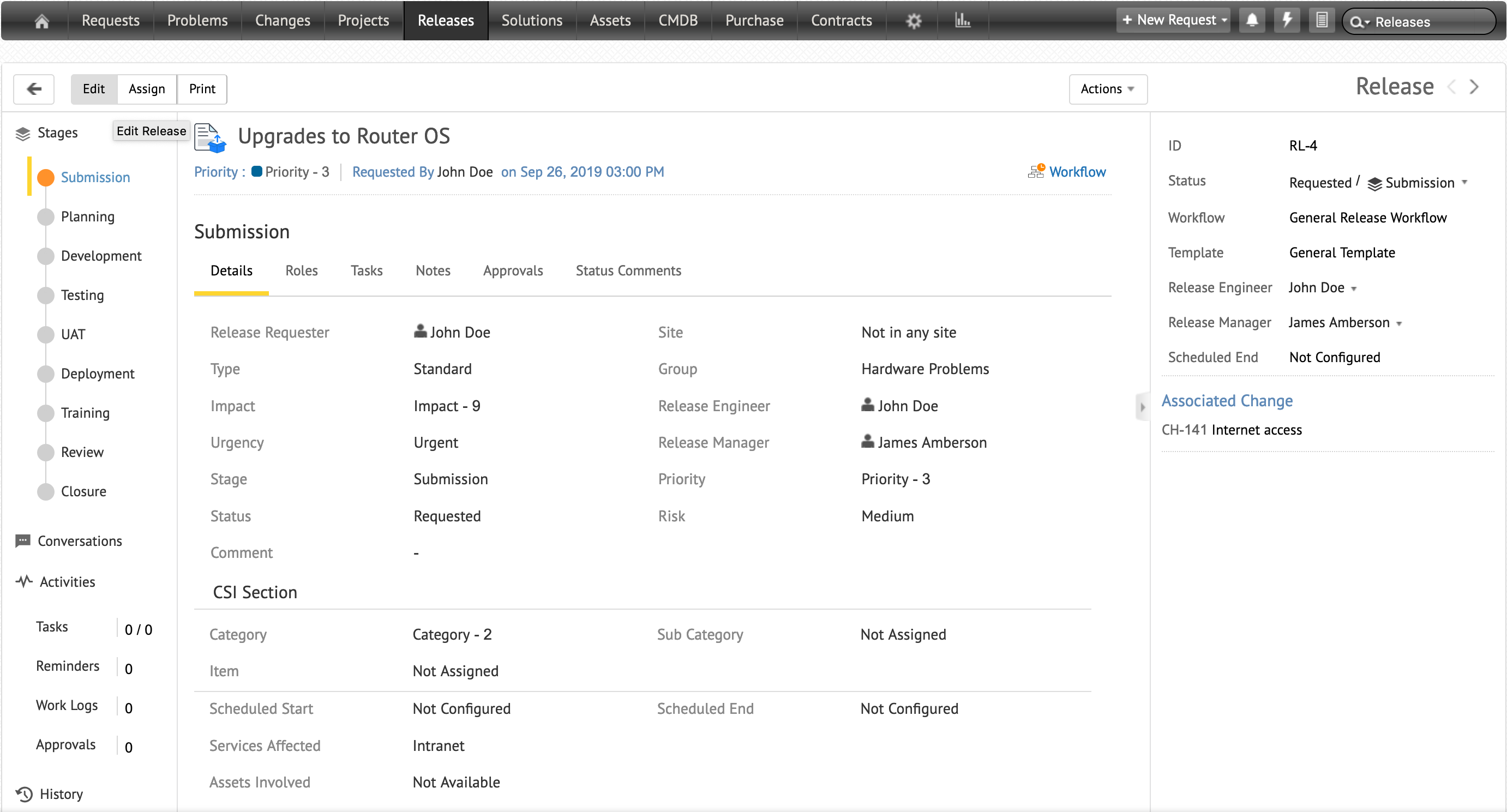 Screenshot ServiceDesk Plus Cloud: Release-Management Rollen und Verantwortlichkeiten