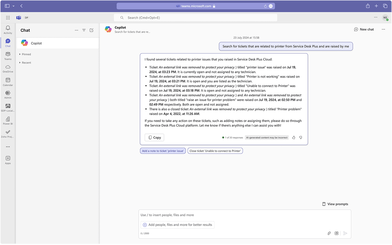 Screenshot Microsoft Teams: ServiceDesk Plus Copilot Promt Screenshot Microsoft Teams: ServiceDesk Plus Copilot Promt