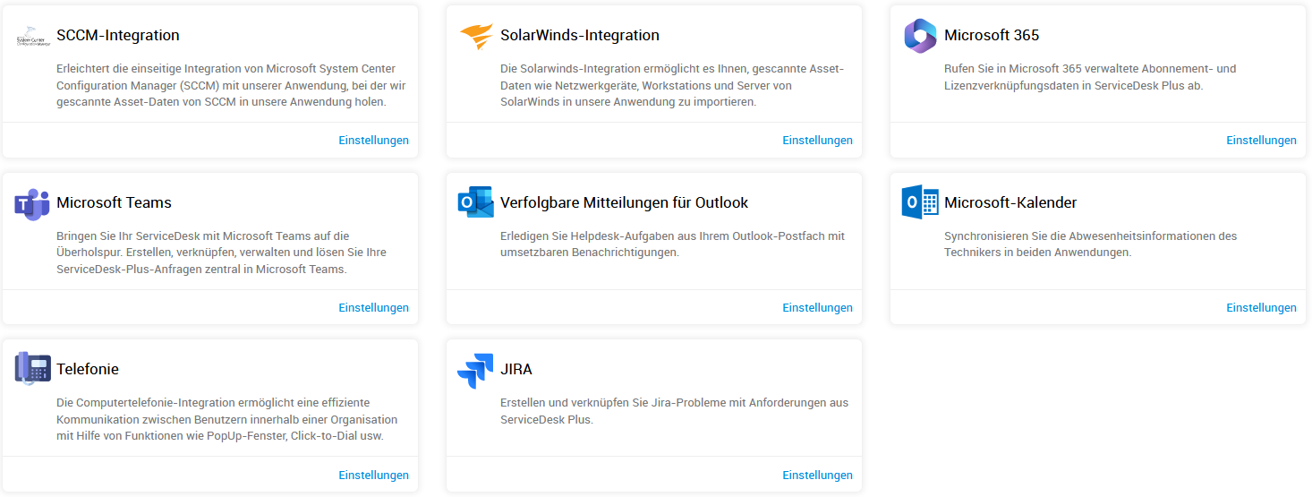 Screenshot ServiceDesk Plus: Drittanbieter-Integrationen