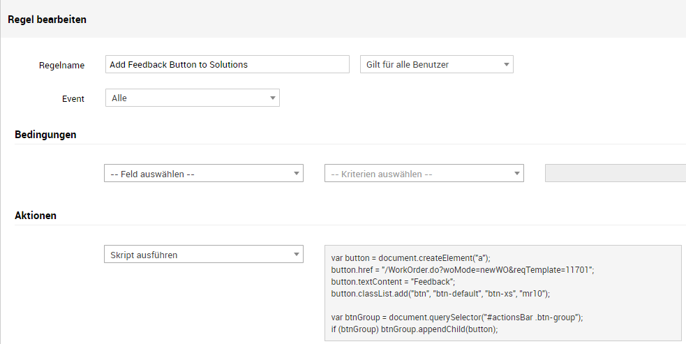 Screenshot ServiceDesk Plus: Erstellung einer Feedback-Schaltfläche