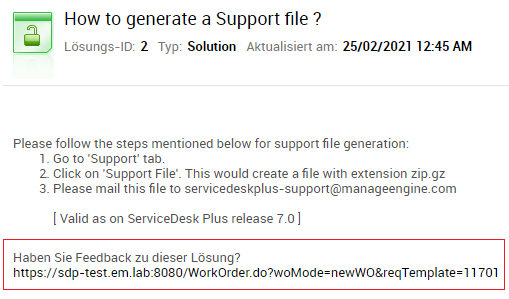 Screenshot ServiceDesk Plus: Lösungsvorschlag für Link zur Feedbackfunktion