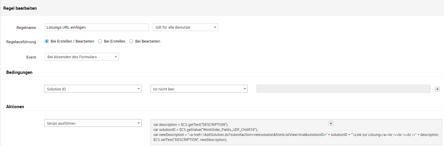 Screenshot ServiceDesk Plus: Feld- und Formularregel Loesungs-URL eintragen