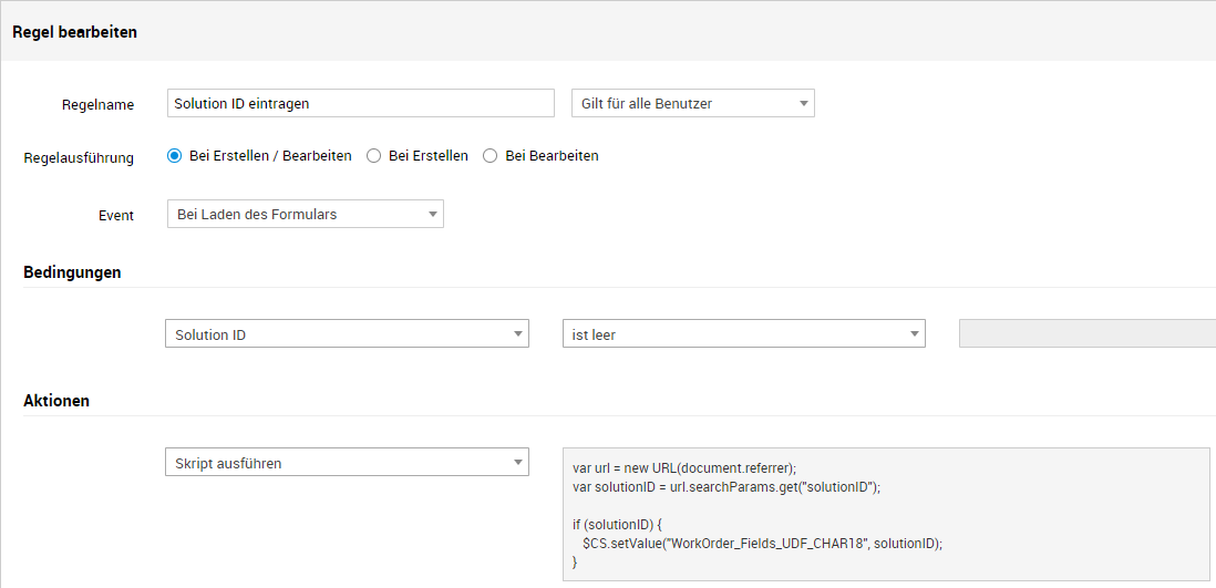 Screenshot ServiceDesk Plus: Feld- und Formularregel Übernahme der Lösungs-ID