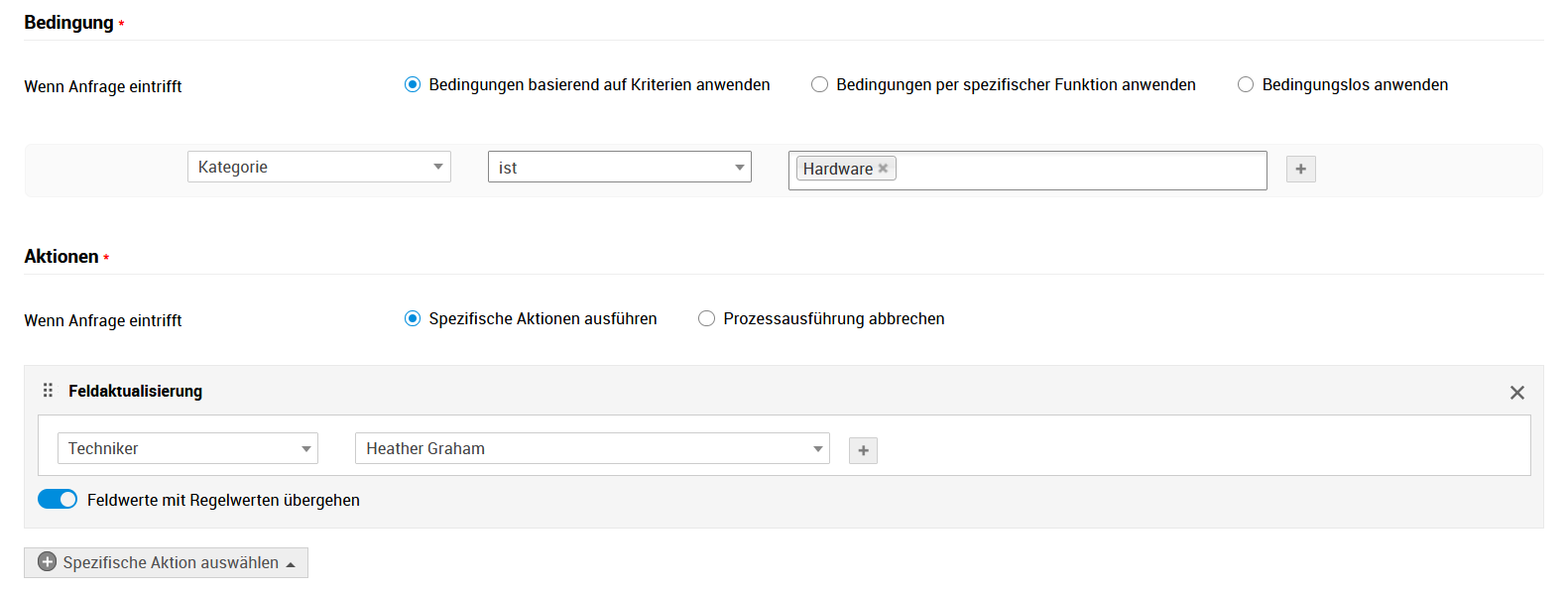 Screenshot ServiceDesk Plus: Bedingungsbasierte Geschäftsregel