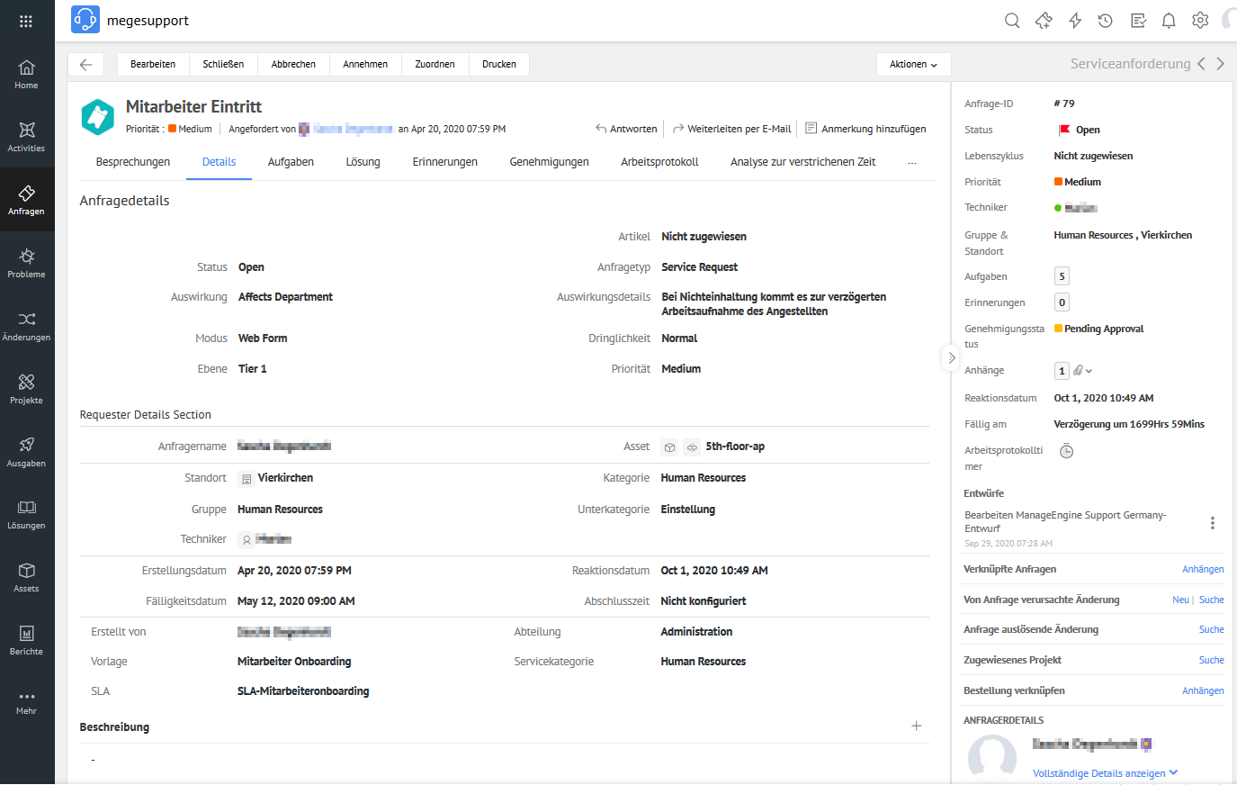Screenshot ServiceDesk Plus: Ticket-Ansicht