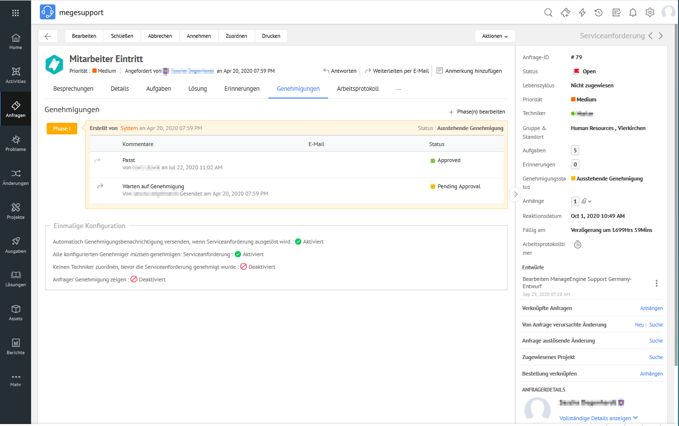 Screenshot ServiceDesk Plus: Service-Request-Genehmigung