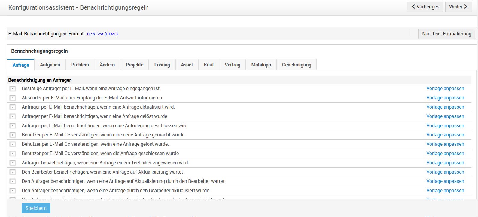 Screenshot ServiceDesk Plus: Benachrichtigungsregeln