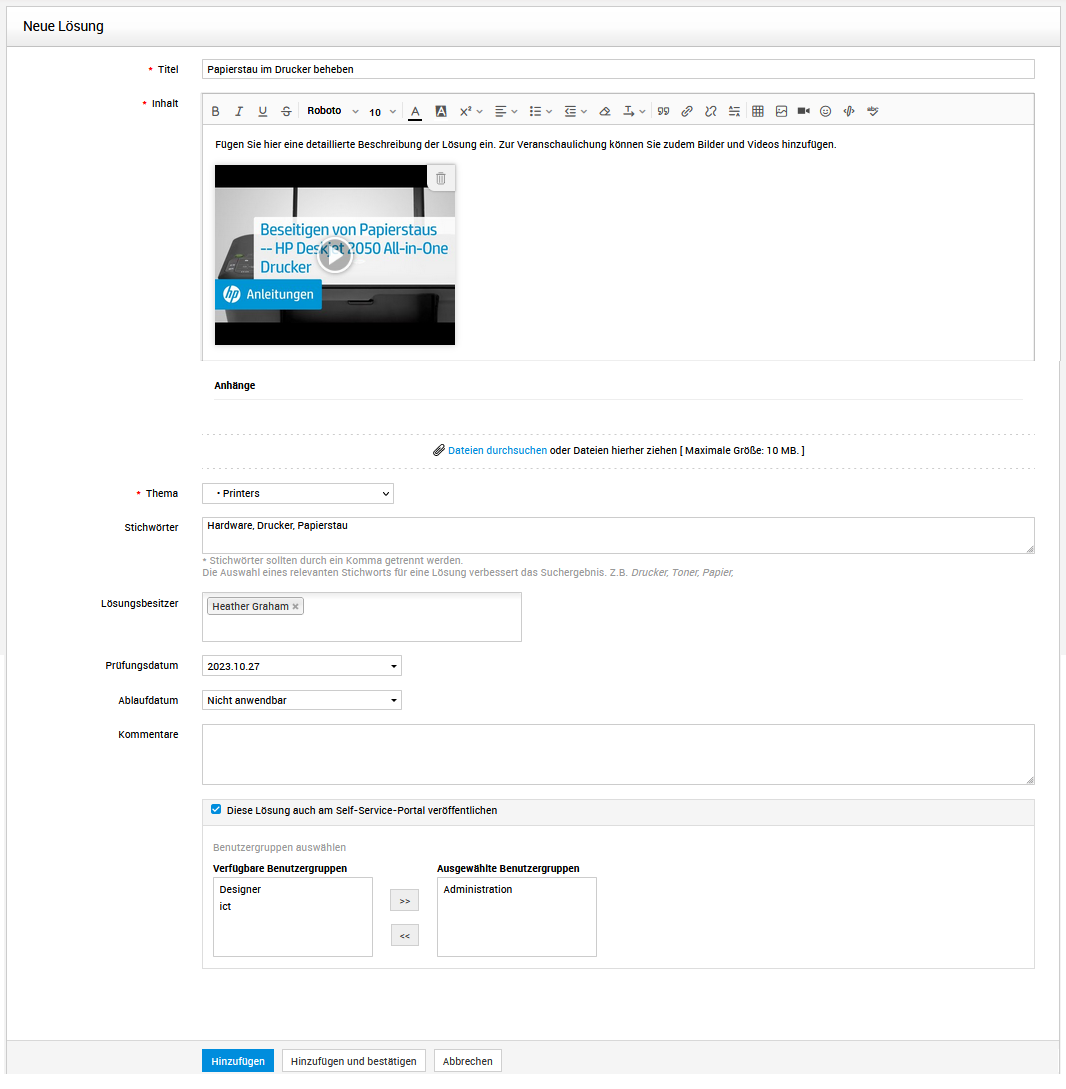 Screenshot ServiceDesk Plus: Neue Lösung erstellen