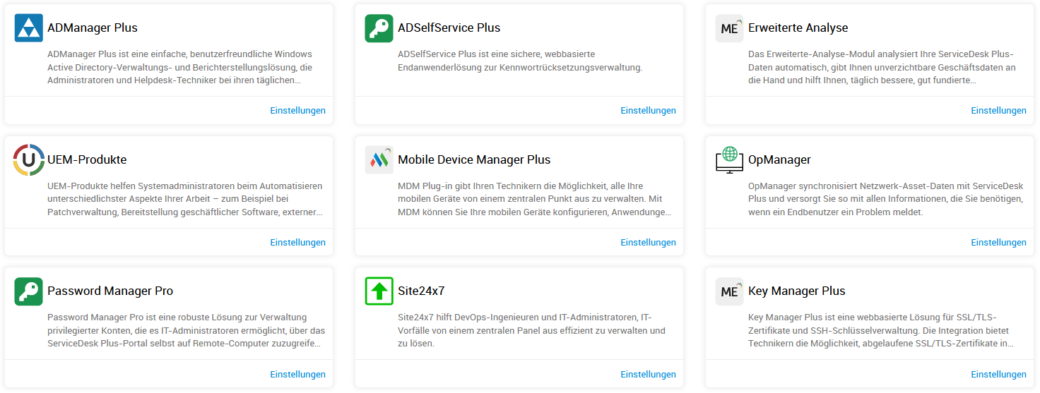 Screenshot ServiceDesk Plus: Integrationen mit ManageEngine-Lösungen.