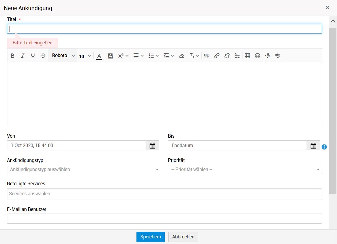 Screenshot ServiceDesk Plus: Neue Ankündigung