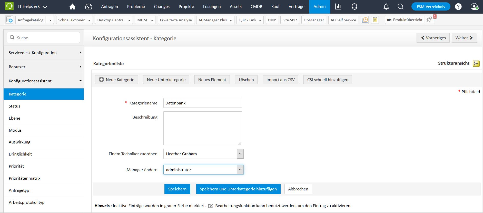 Screenshot ServiceDesk Plus: Neue Kategorie mit Techniker verknüpfen