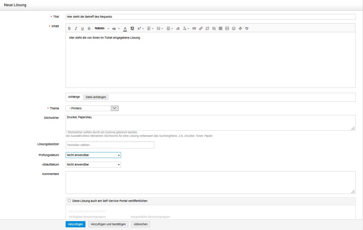 Screenshot ServiceDesk Plus: Neue Lösung anlegen