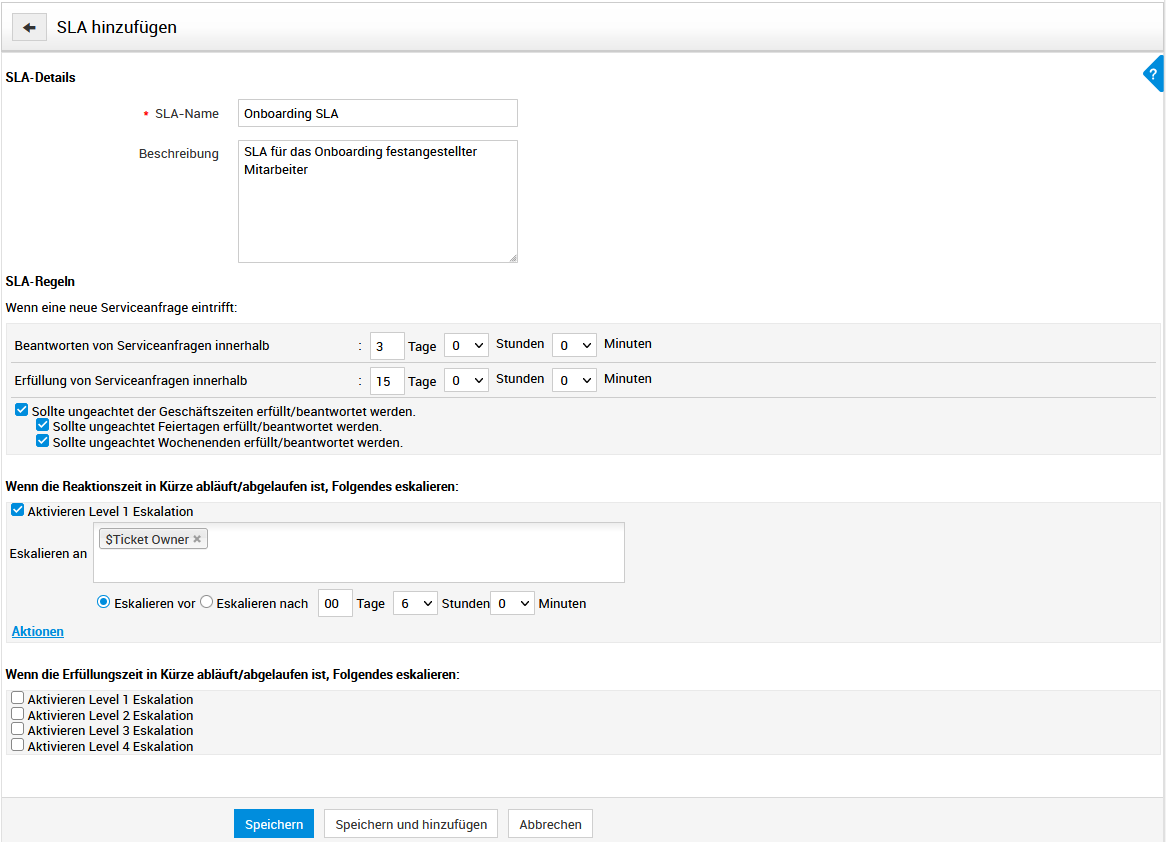Screenshot ServiceDesk Plus: Neue Service Level Agreements anlegen