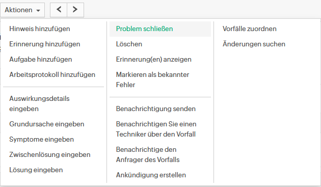 Screenshot ServiceDesk Plus: Problem-Aktionen