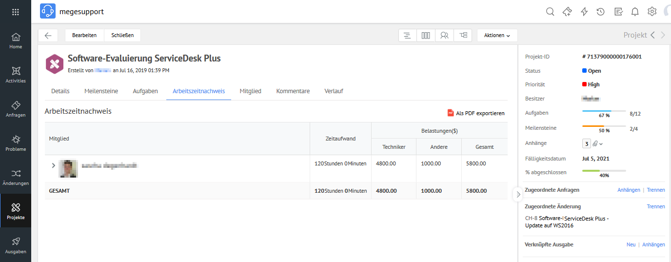 Screenshot ServiceDesk Plus: Arbeitzszeitnachweis Worklog
