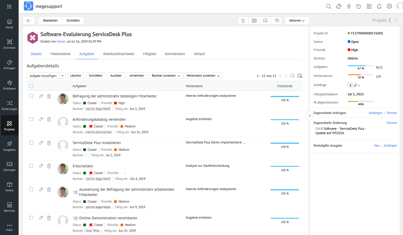 Screenshot ServiceDesk Plus: Aufgabenübersicht