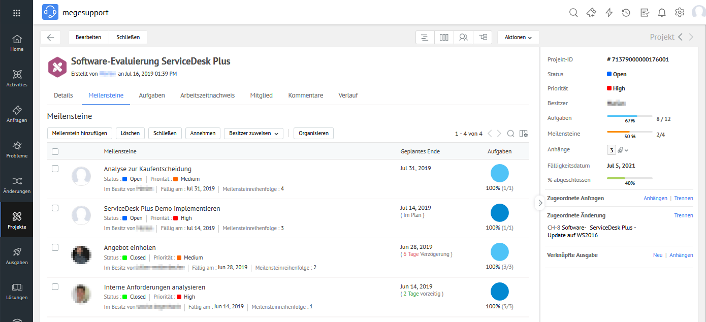 Screenshot ServiceDesk Plus: Meilenstein-Ansicht