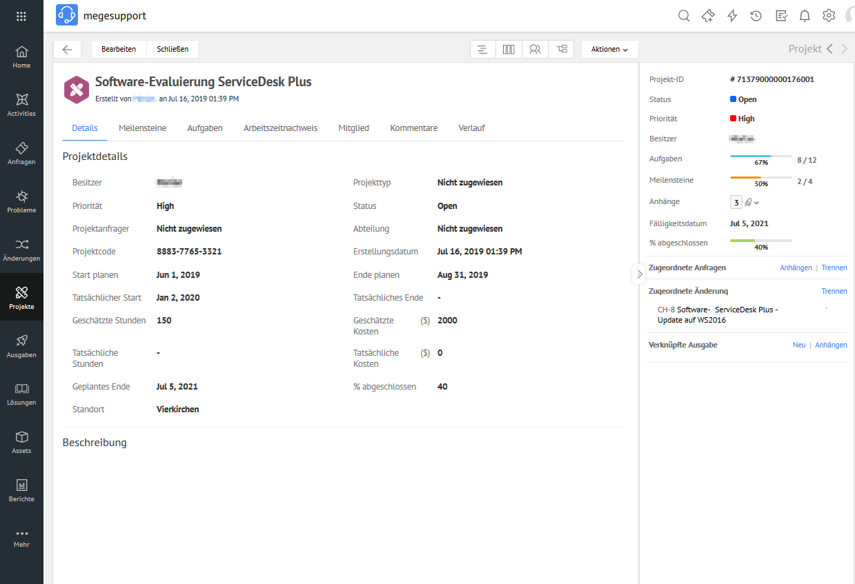 Screenshot ServiceDesk Plus: Projekt-Ansicht