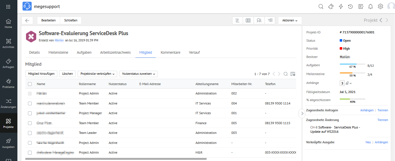 Screenshot ServiceDesk Plus: Projekt-Mitglieder