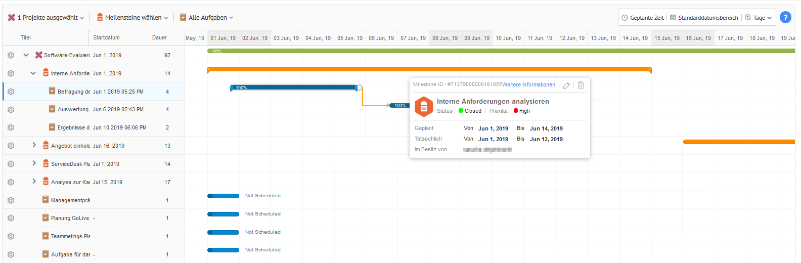 Screenshot ServiceDesk Plus: Projekt-Übersicht (Hover-Ansicht)